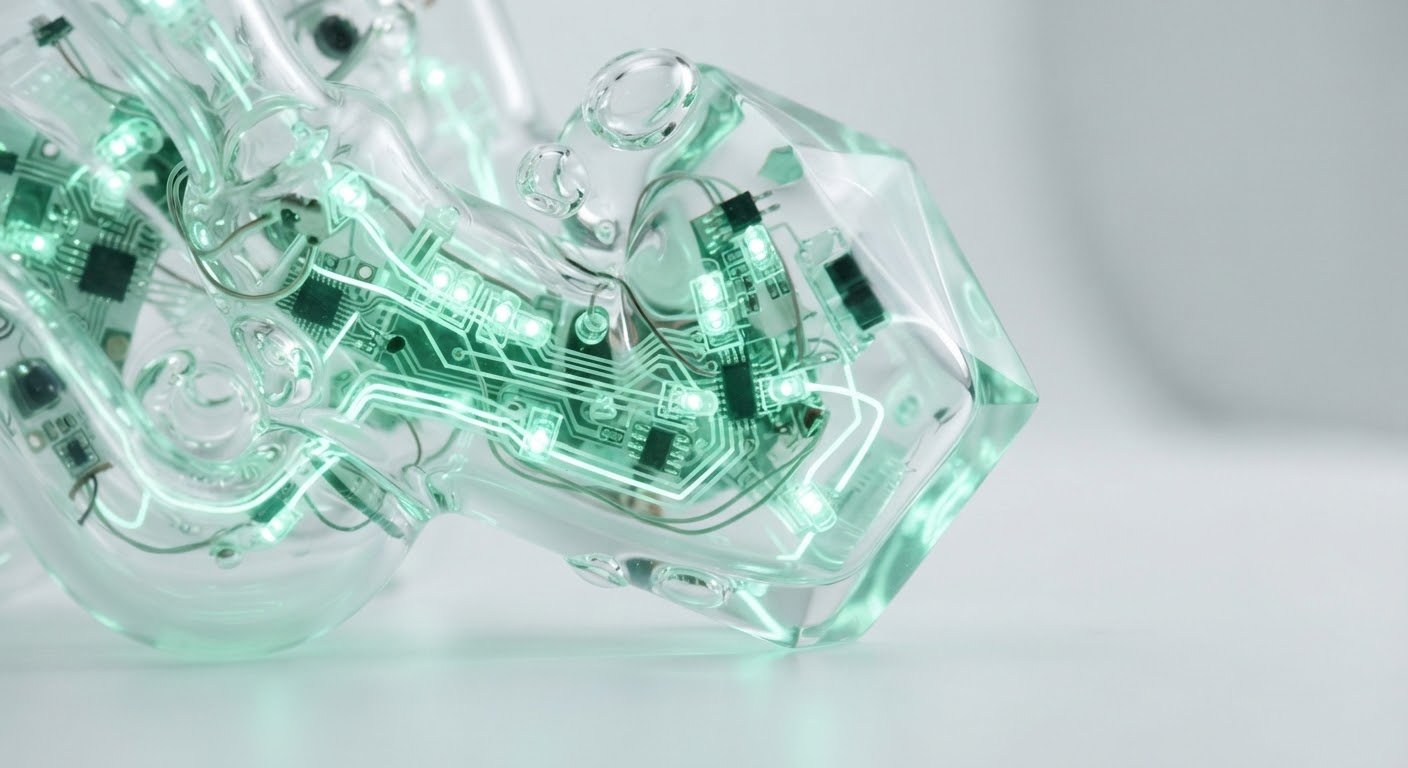 High-tech glass sculpture with internal green LED circuitry